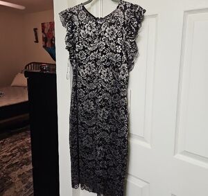 Black Midi Sheath Dress with Flutter Sleeves for Cocktail Occasion